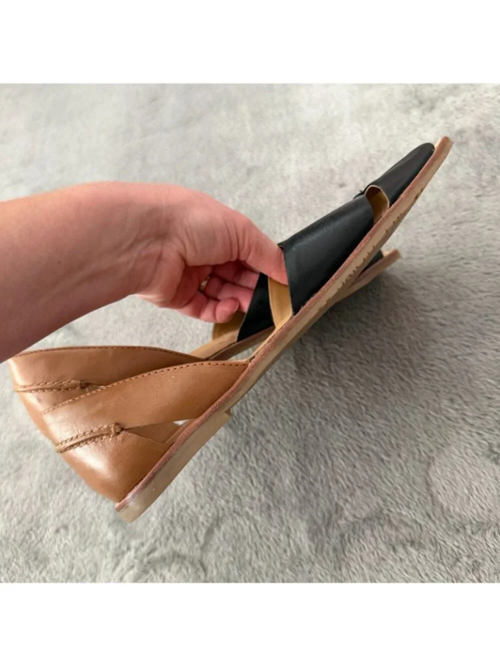 Franco Sarto Leather Open Toe D'Orsay Sandals Flats Shoes Womens 7.5 Black Brown